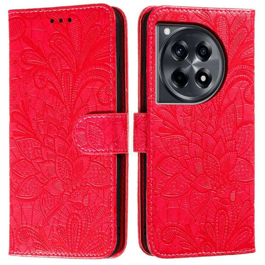 For OnePlus Ace 3 5G Case Lace Flowers PU Leather Flip Wallet Phone Cover - Red