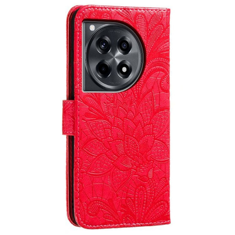 For OnePlus Ace 3 5G Case Lace Flowers PU Leather Flip Wallet Phone Cover - Red