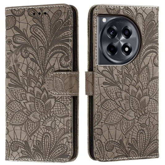 For OnePlus Ace 3 5G Case Lace Flowers PU Leather Flip Wallet Phone Cover - Grey