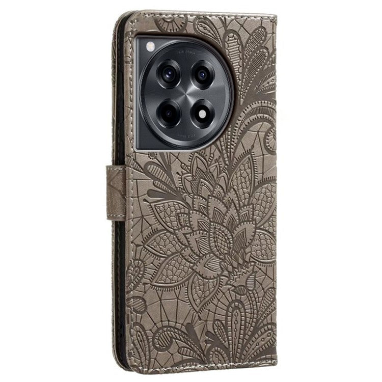 For OnePlus Ace 3 5G Case Lace Flowers PU Leather Flip Wallet Phone Cover - Grey