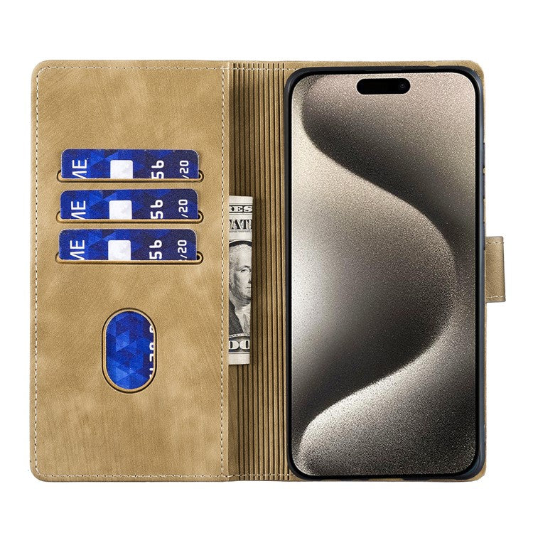 For iPhone 16 Case Heart Cat Folding Stand PU Leather Phone Cover - Light Brown