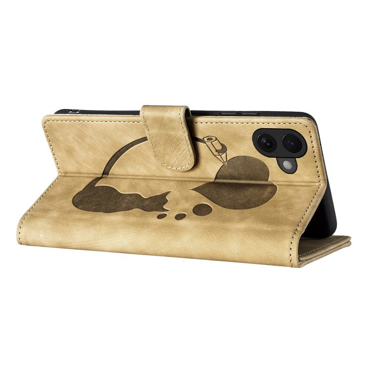 For iPhone 16 Case Heart Cat Folding Stand PU Leather Phone Cover - Light Brown