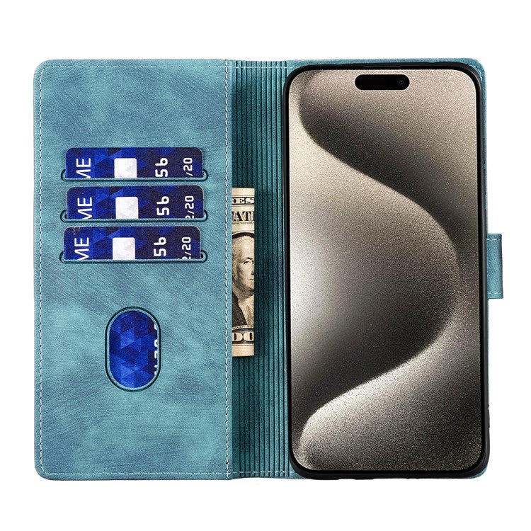 For iPhone 16 Case Heart Cat Folding Stand PU Leather Phone Cover - Blue