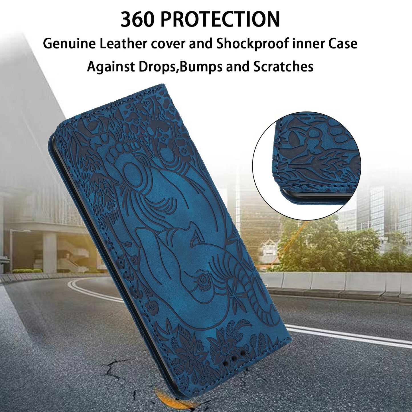 For Samsung Galaxy A16 5G / A16 4G Case PU Leather Wallet Phone Cover Elephant Pattern - Blue