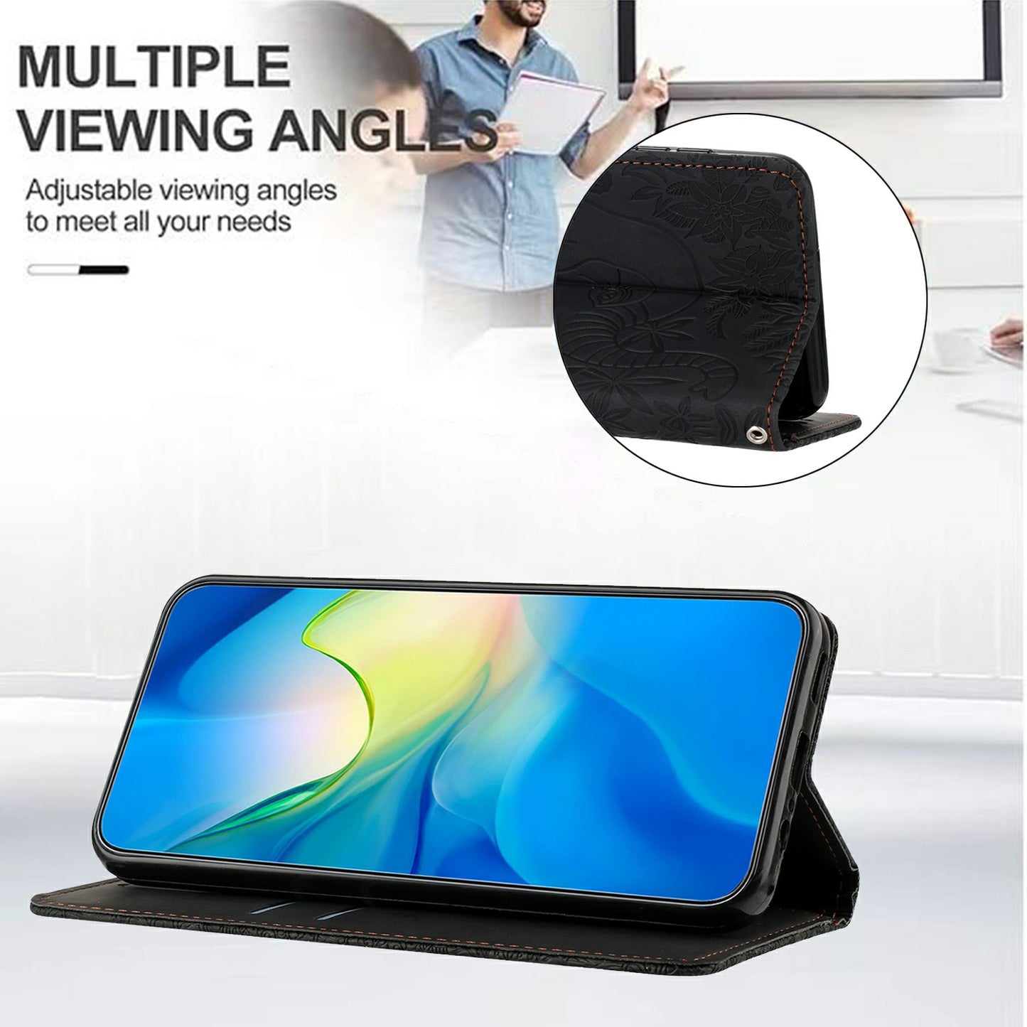 For Samsung Galaxy A16 5G / A16 4G Case PU Leather Wallet Phone Cover Elephant Pattern - Black