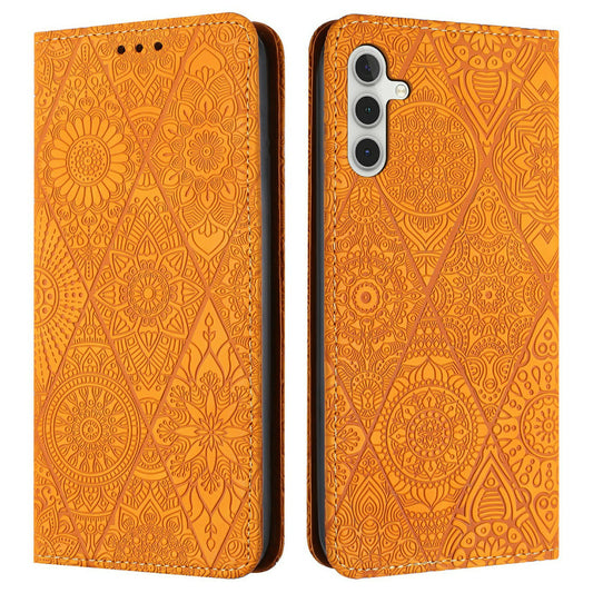 For Samsung Galaxy A16 5G / A16 4G Case Imprinted Flower Wallet Stand Leather Phone Cover - Yellow
