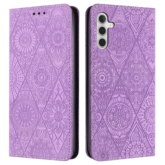 For Samsung Galaxy A16 5G / A16 4G Case Imprinted Flower Wallet Stand Leather Phone Cover - Purple
