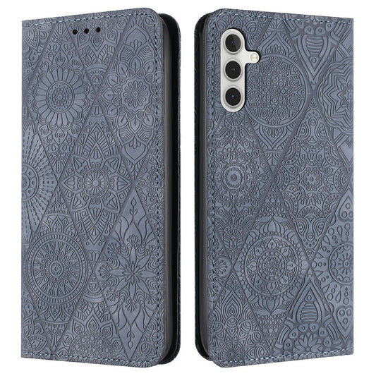 For Samsung Galaxy A16 5G / A16 4G Case Imprinted Flower Wallet Stand Leather Phone Cover - Grey