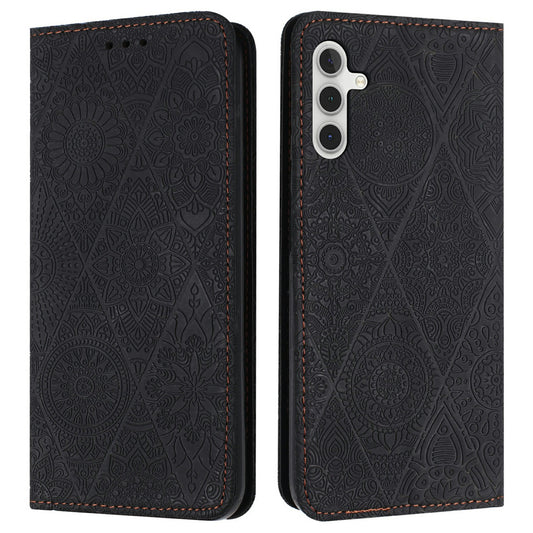 For Samsung Galaxy A16 5G / A16 4G Case Imprinted Flower Wallet Stand Leather Phone Cover - Black
