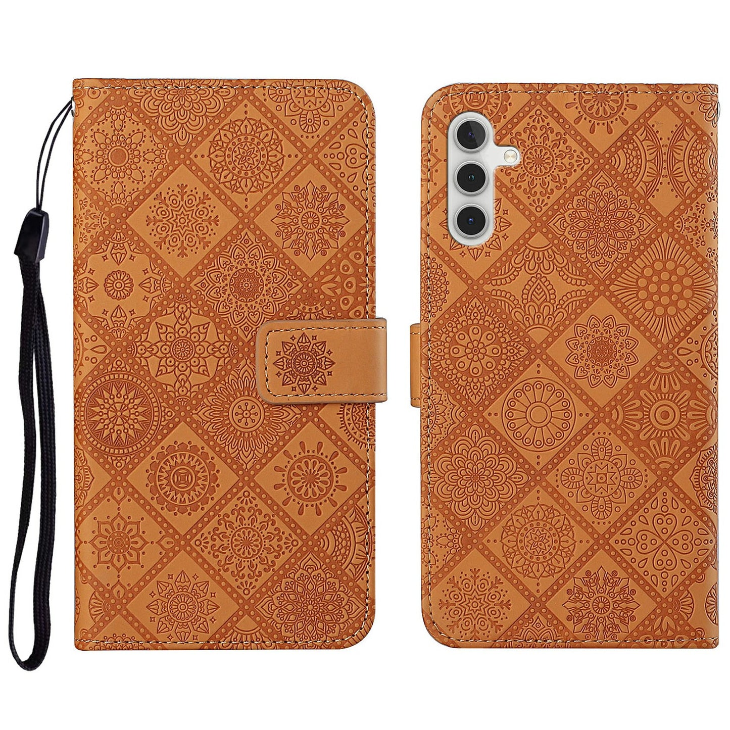 For Samsung Galaxy A16 5G / A16 4G Leather Case Ethnic Style Phone Wallet Cover with Strap - Brown