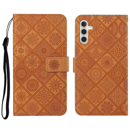 For Samsung Galaxy A16 5G / A16 4G Leather Case Ethnic Style Phone Wallet Cover with Strap - Brown