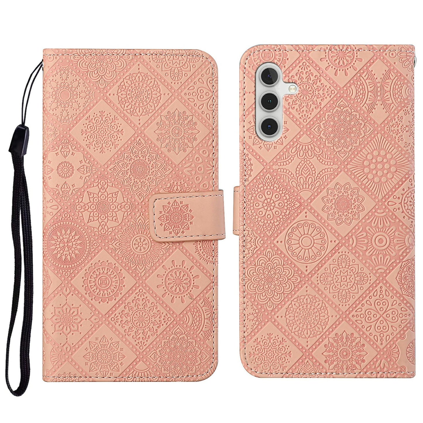 For Samsung Galaxy A16 5G / A16 4G Leather Case Ethnic Style Phone Wallet Cover with Strap - Pink
