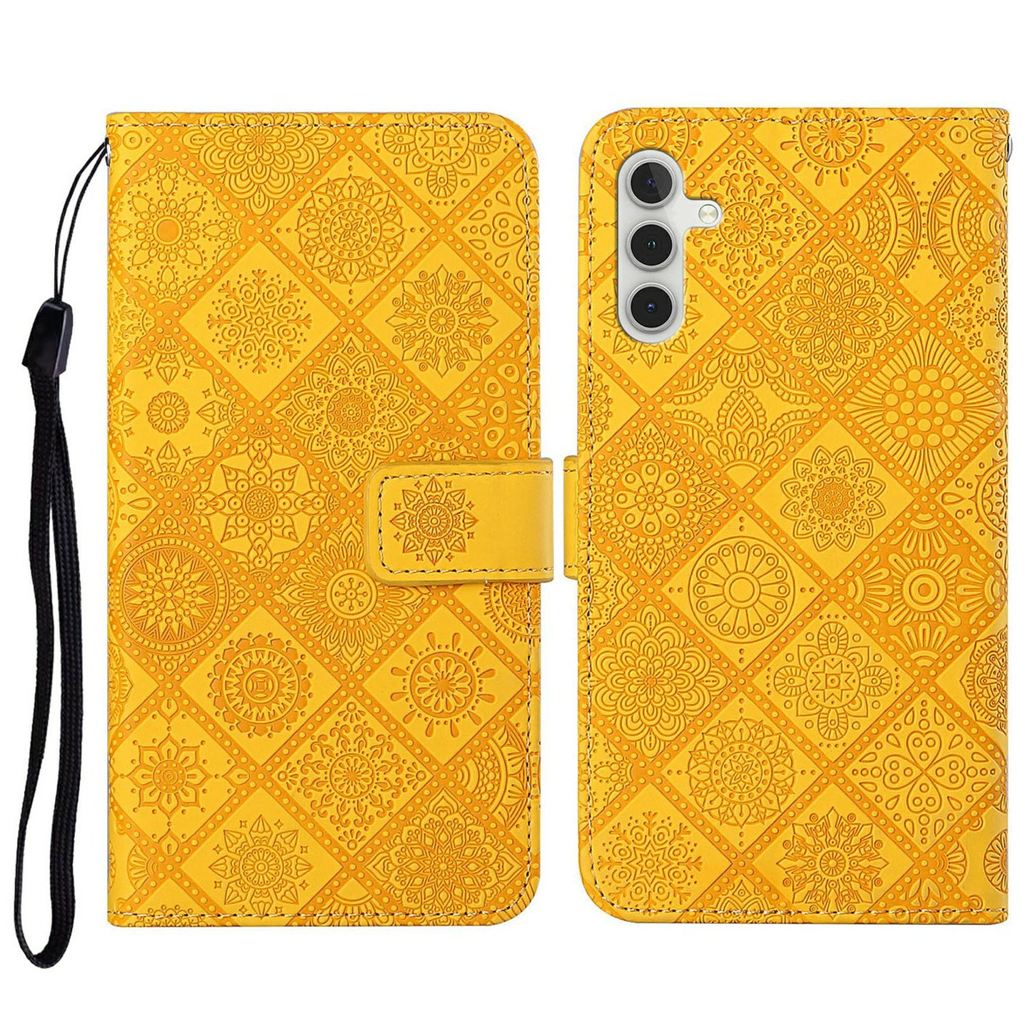 For Samsung Galaxy A16 5G / A16 4G Leather Case Ethnic Style Phone Wallet Cover with Strap - Yellow