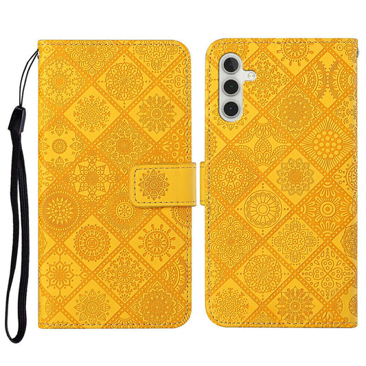 For Samsung Galaxy A16 5G / A16 4G Leather Case Ethnic Style Phone Wallet Cover with Strap - Yellow