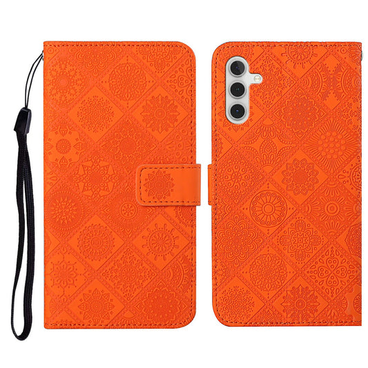 For Samsung Galaxy A16 5G / A16 4G Leather Case Ethnic Style Phone Wallet Cover with Strap - Orange