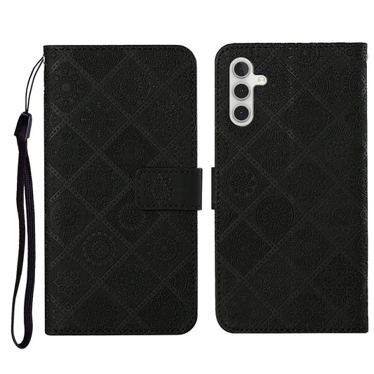 For Samsung Galaxy A16 5G / A16 4G Leather Case Ethnic Style Phone Wallet Cover with Strap - Black
