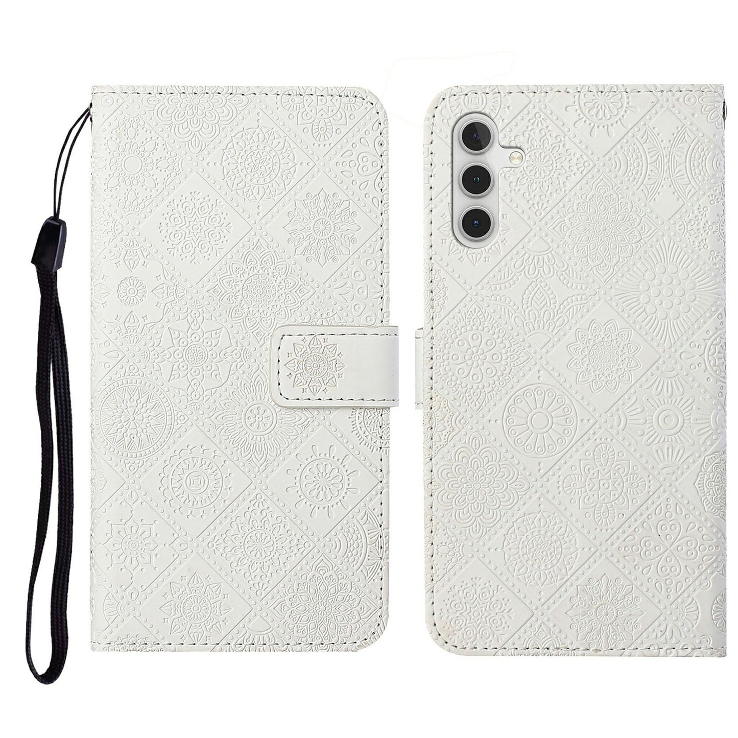 For Samsung Galaxy A16 5G / A16 4G Leather Case Ethnic Style Phone Wallet Cover with Strap - White