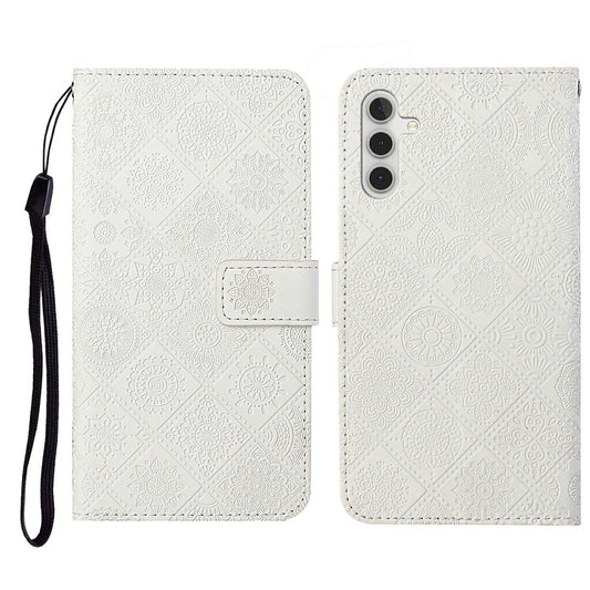For Samsung Galaxy A16 5G / A16 4G Leather Case Ethnic Style Phone Wallet Cover with Strap - White