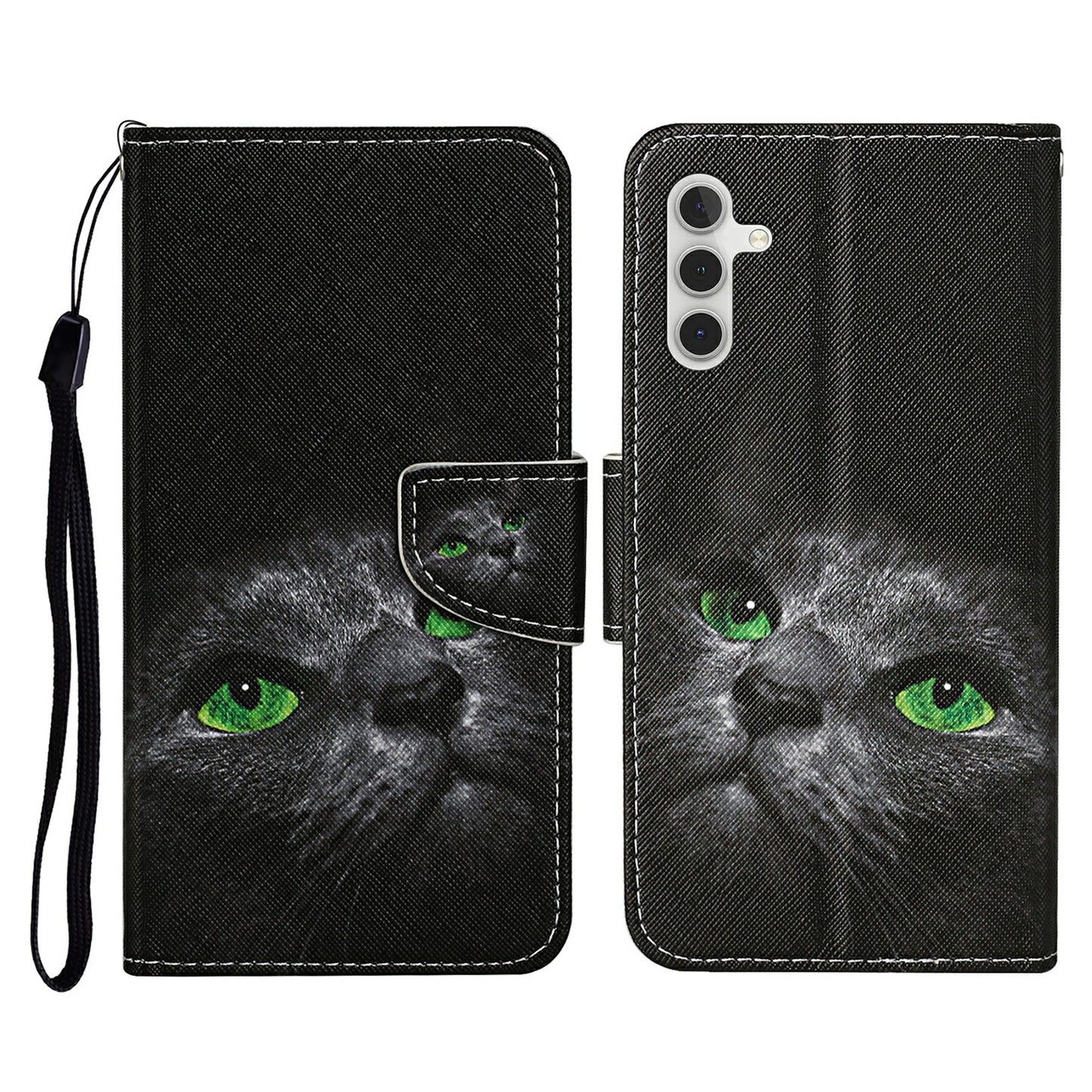 For Samsung Galaxy A16 5G / A16 4G Case Pattern Printing Protective Leather Folio Phone Cover - Black Cat