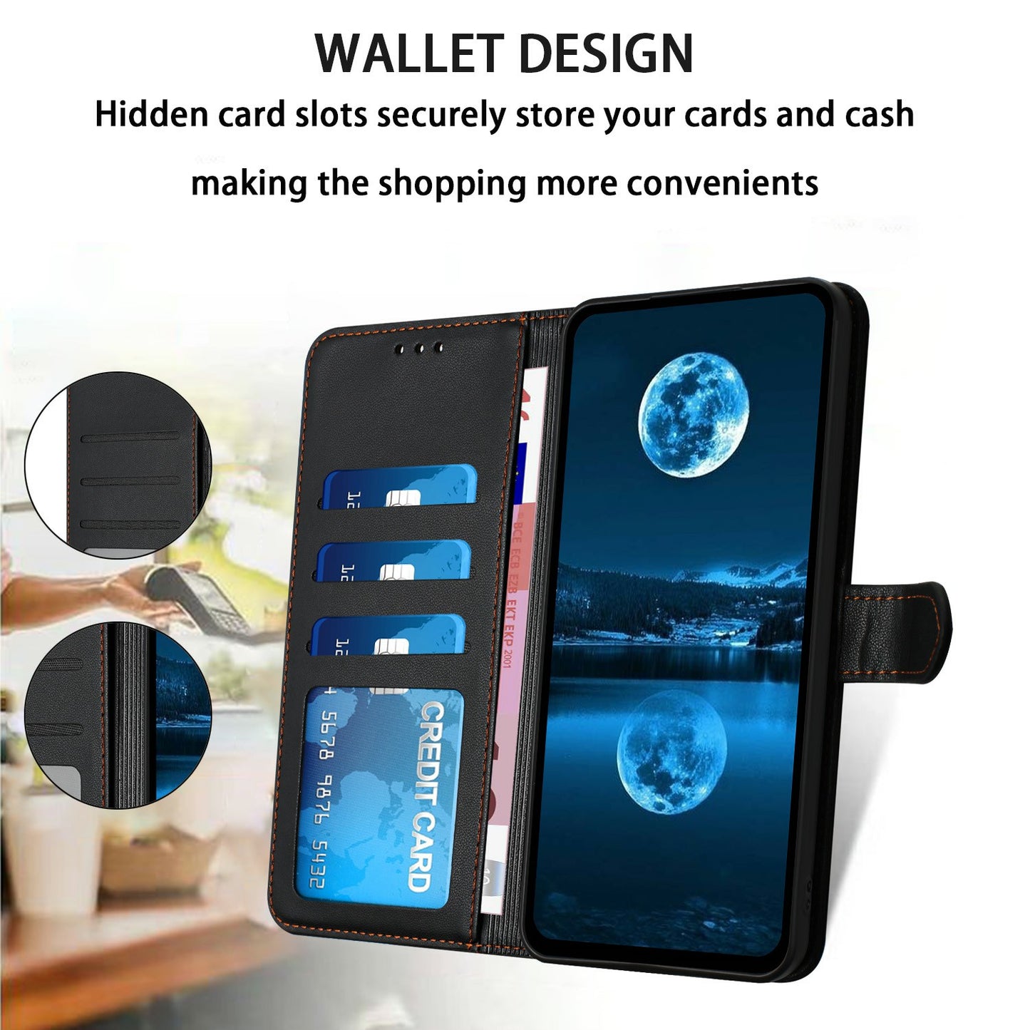 For Samsung Galaxy A06 Wallet Phone Case Leather Stand Cover with Strap - Black