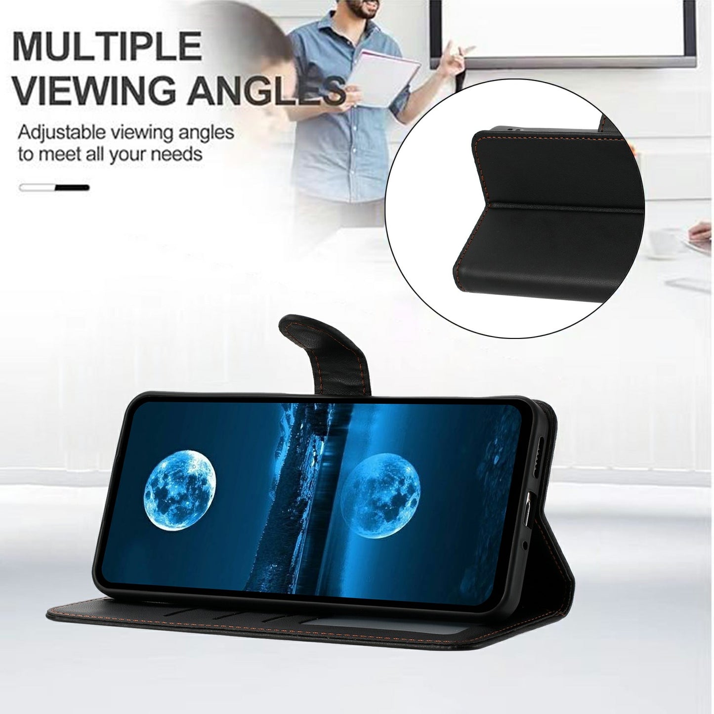 For Samsung Galaxy A06 Wallet Phone Case Leather Stand Cover with Strap - Black