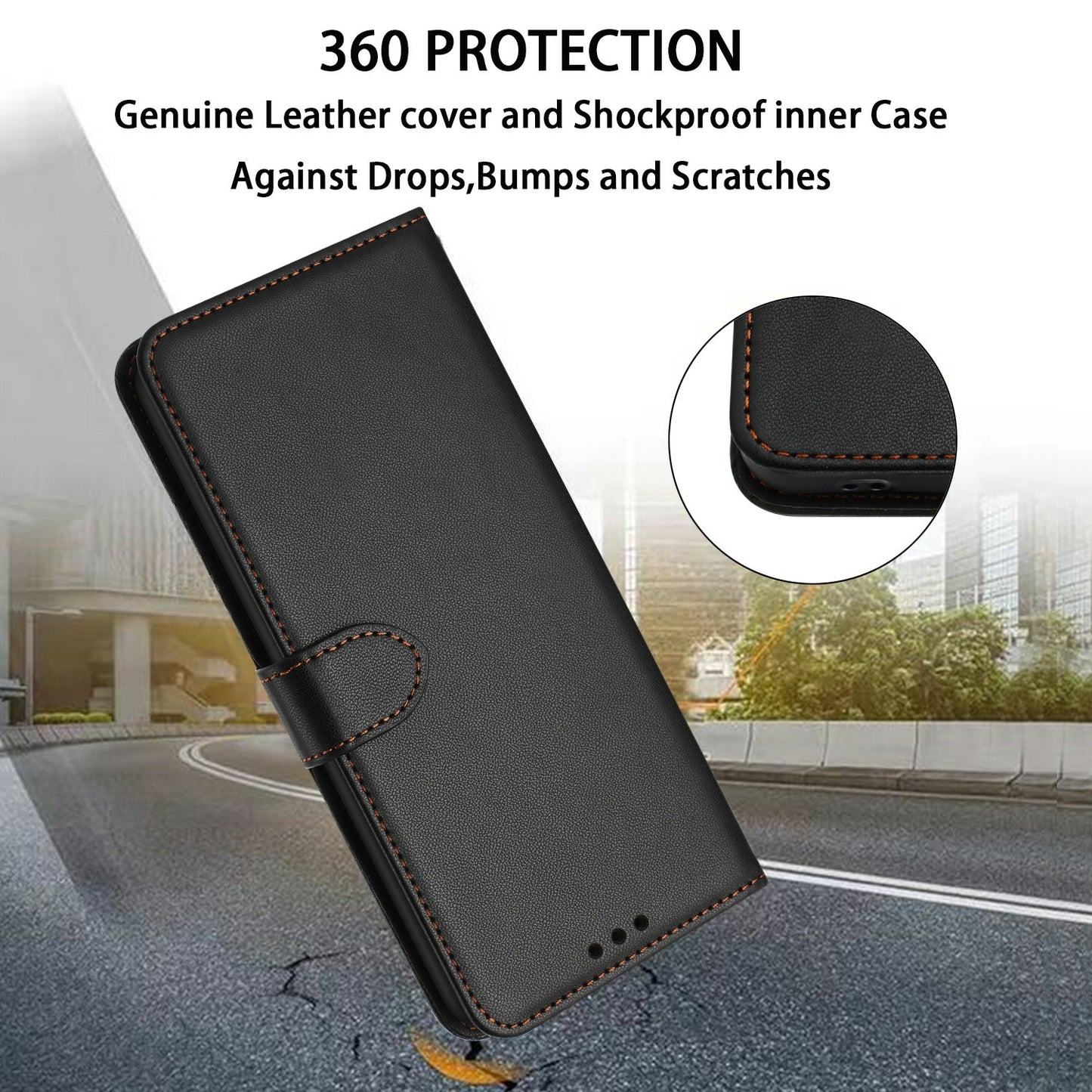 For Samsung Galaxy A06 Wallet Phone Case Leather Stand Cover with Strap - Black