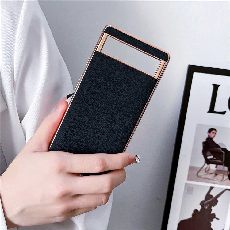 For Google Pixel 7 5G Genuine Leather Electroplated Edge Coating Case Soft TPU Hard PC Hybrid Protective Cover - Red