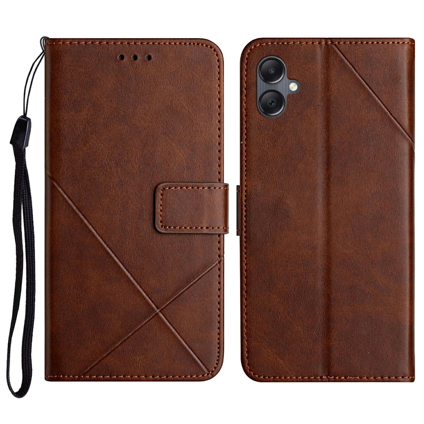 For Samsung Galaxy A06 Leather Case Line Pattern Wallet Phone Cover - Brown