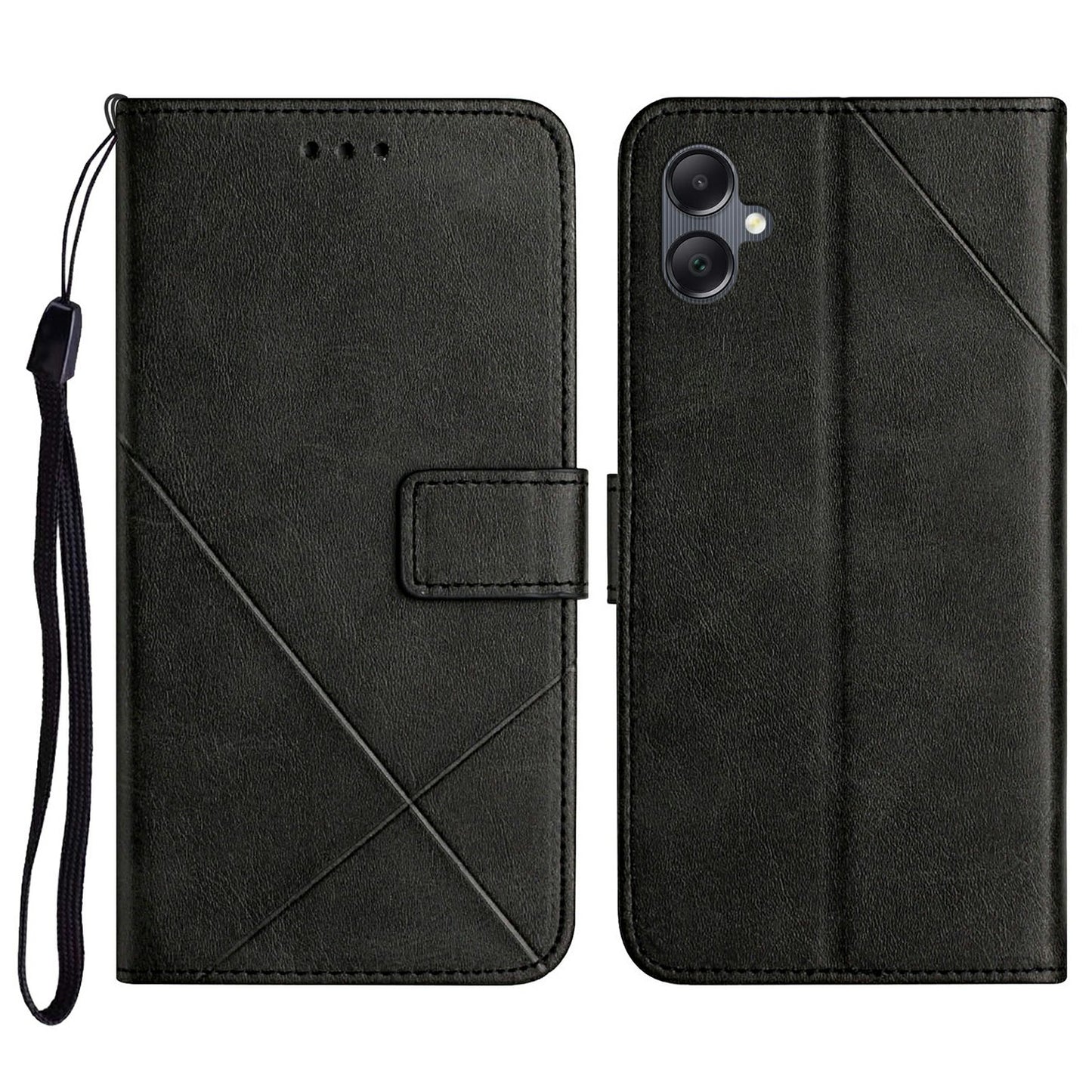 For Samsung Galaxy A06 Leather Case Line Pattern Wallet Phone Cover - Black