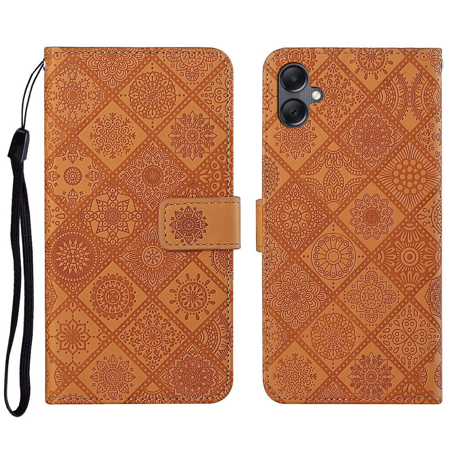 For Samsung Galaxy A06 Leather Case Ethnic Style Phone Wallet Cover with Strap - Brown