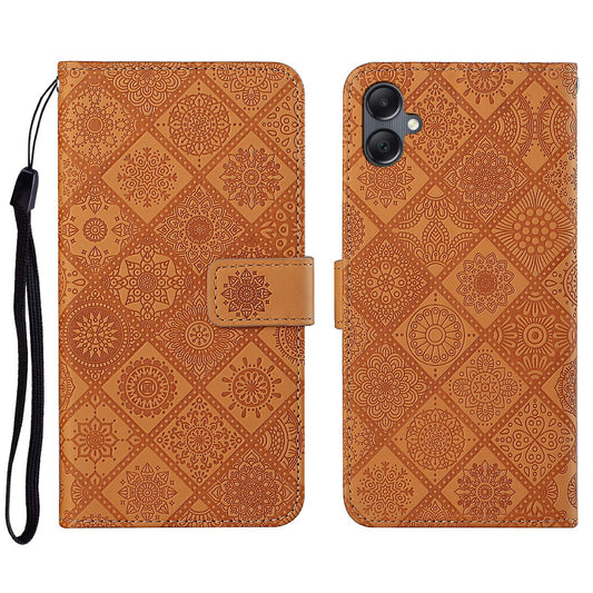 For Samsung Galaxy A06 Leather Case Ethnic Style Phone Wallet Cover with Strap - Brown