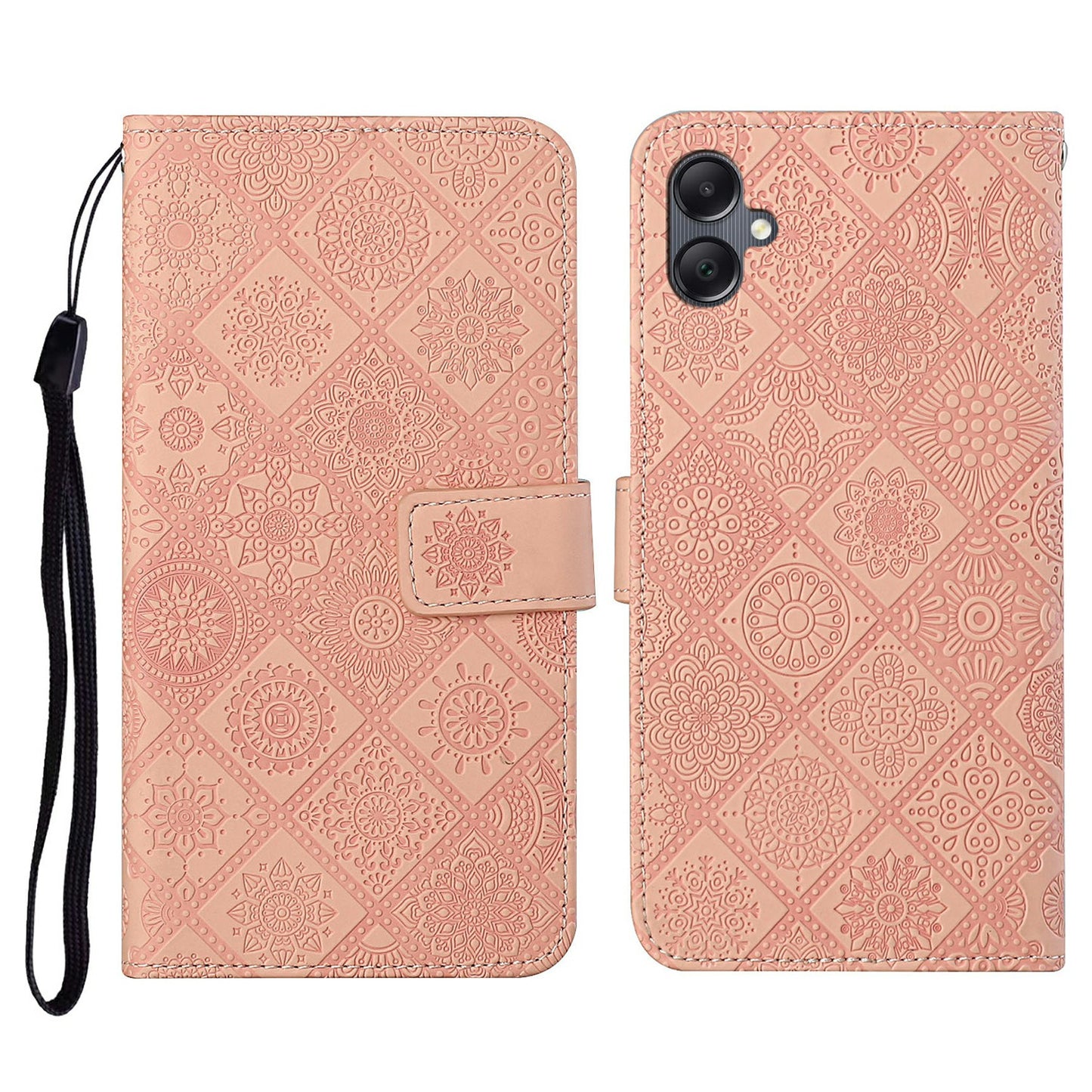 For Samsung Galaxy A06 Leather Case Ethnic Style Phone Wallet Cover with Strap - Pink