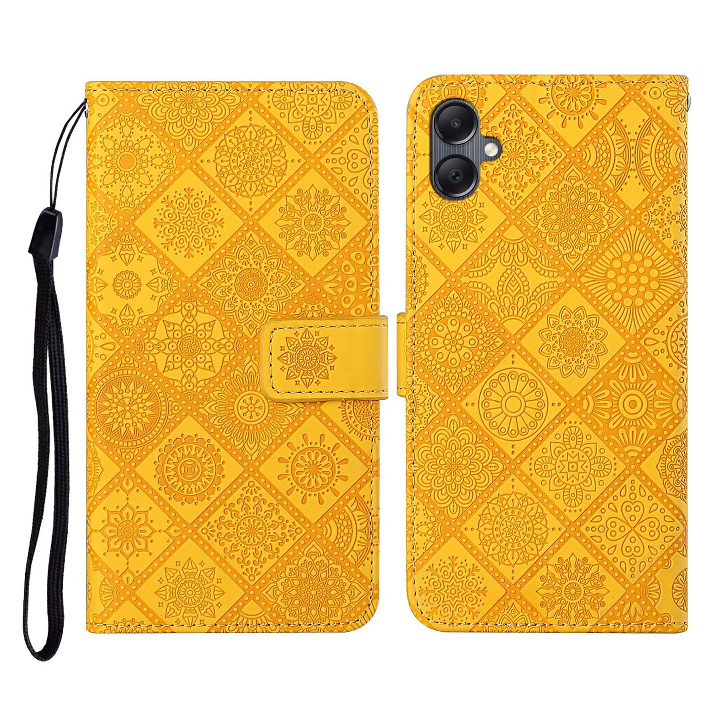 For Samsung Galaxy A06 Leather Case Ethnic Style Phone Wallet Cover with Strap - Yellow