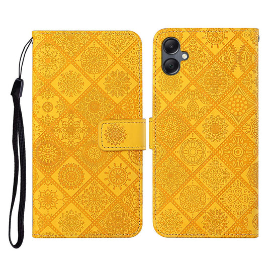 For Samsung Galaxy A06 Leather Case Ethnic Style Phone Wallet Cover with Strap - Yellow