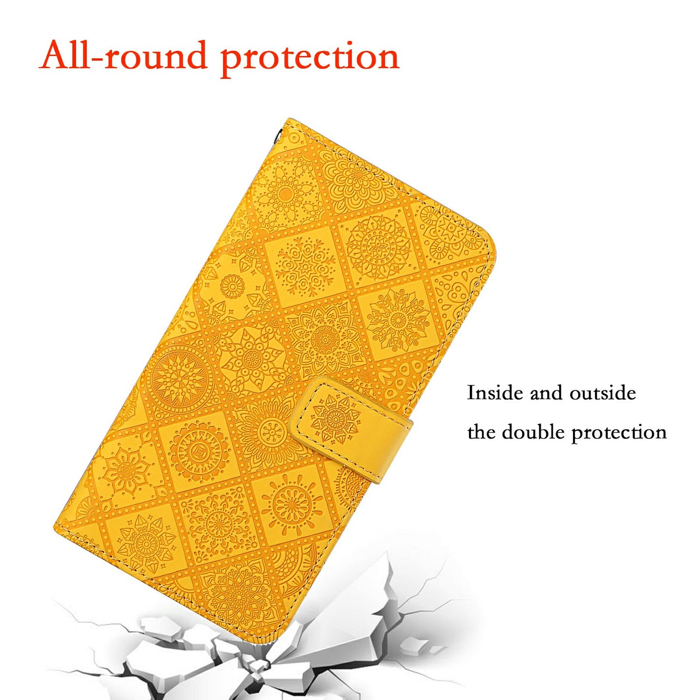 For Samsung Galaxy A06 Leather Case Ethnic Style Phone Wallet Cover with Strap - Yellow