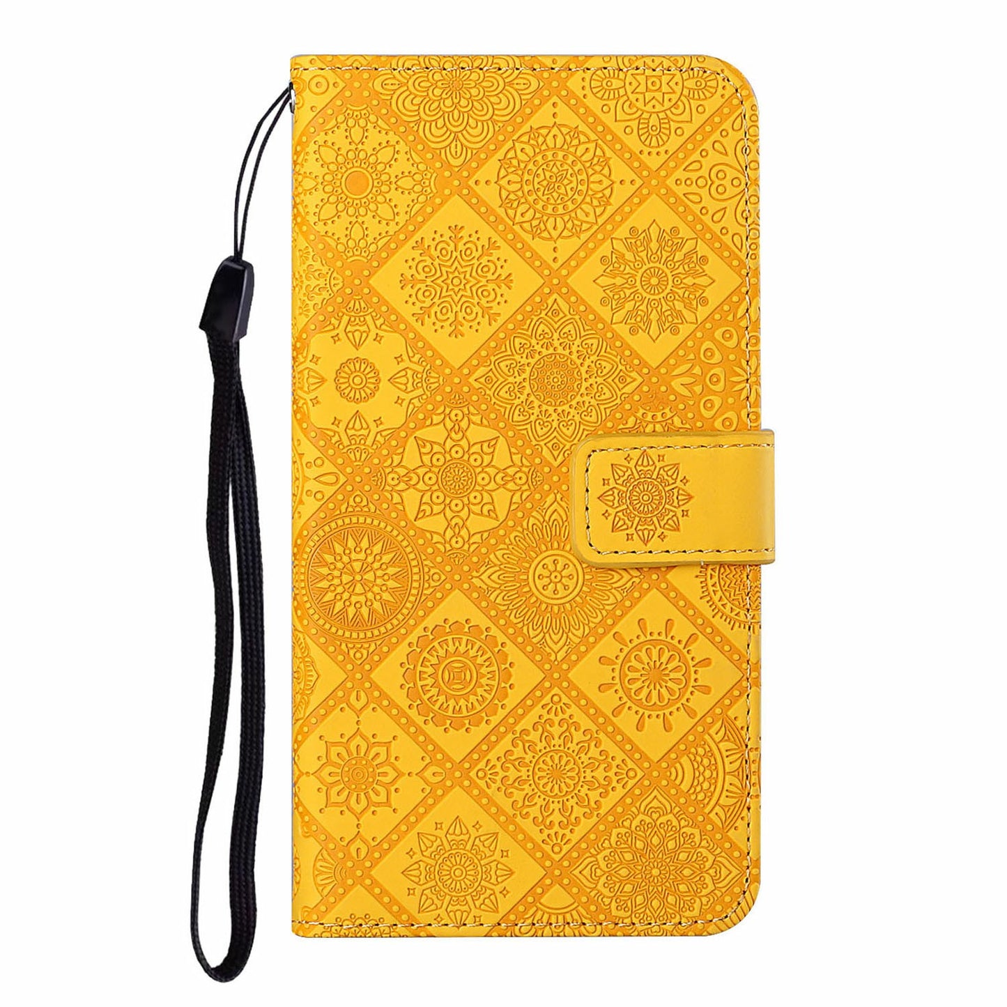 For Samsung Galaxy A06 Leather Case Ethnic Style Phone Wallet Cover with Strap - Yellow