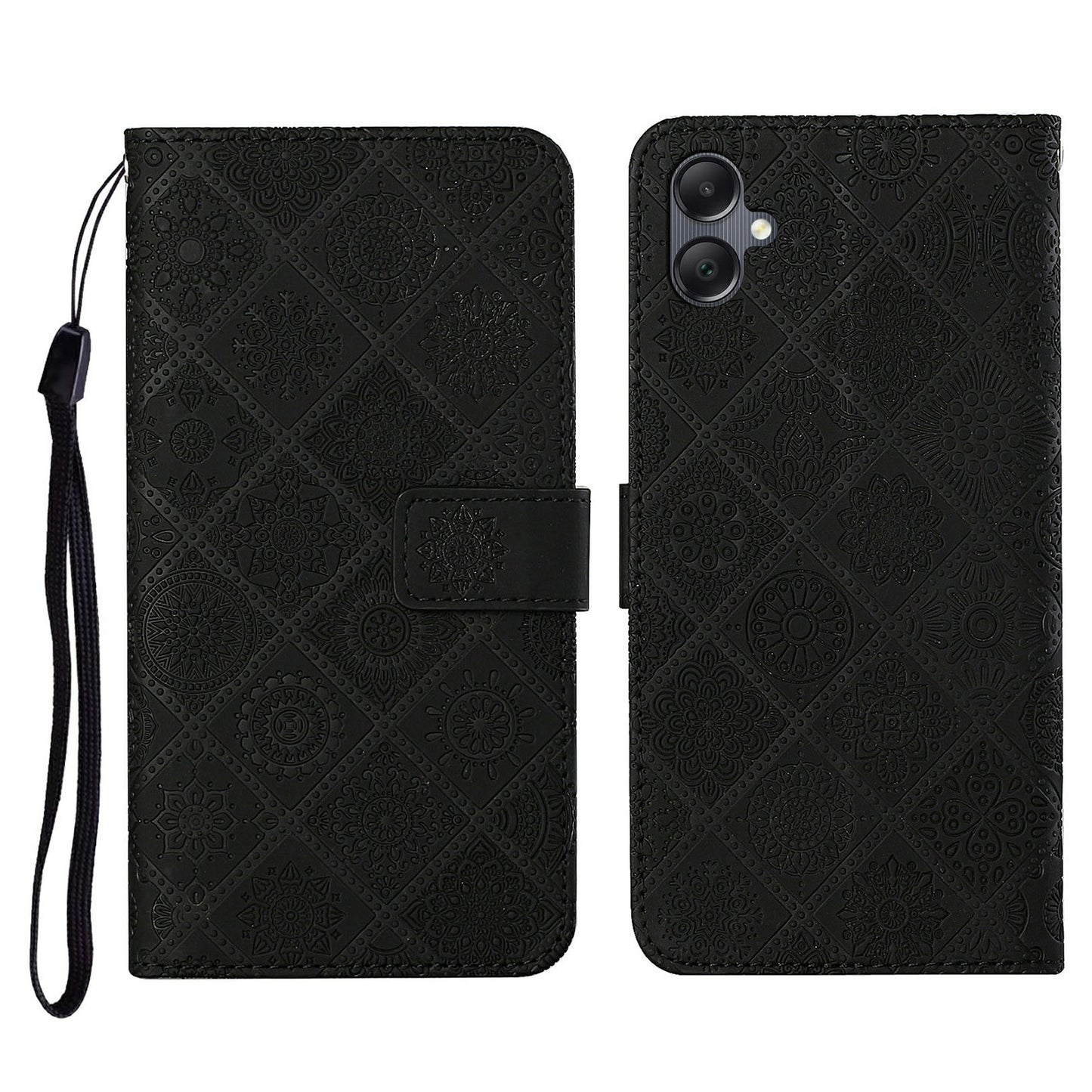 For Samsung Galaxy A06 Leather Case Ethnic Style Phone Wallet Cover with Strap - Black