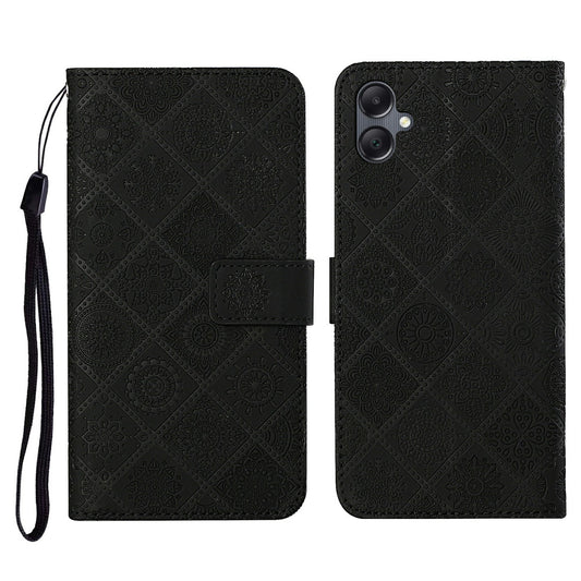 For Samsung Galaxy A06 Leather Case Ethnic Style Phone Wallet Cover with Strap - Black