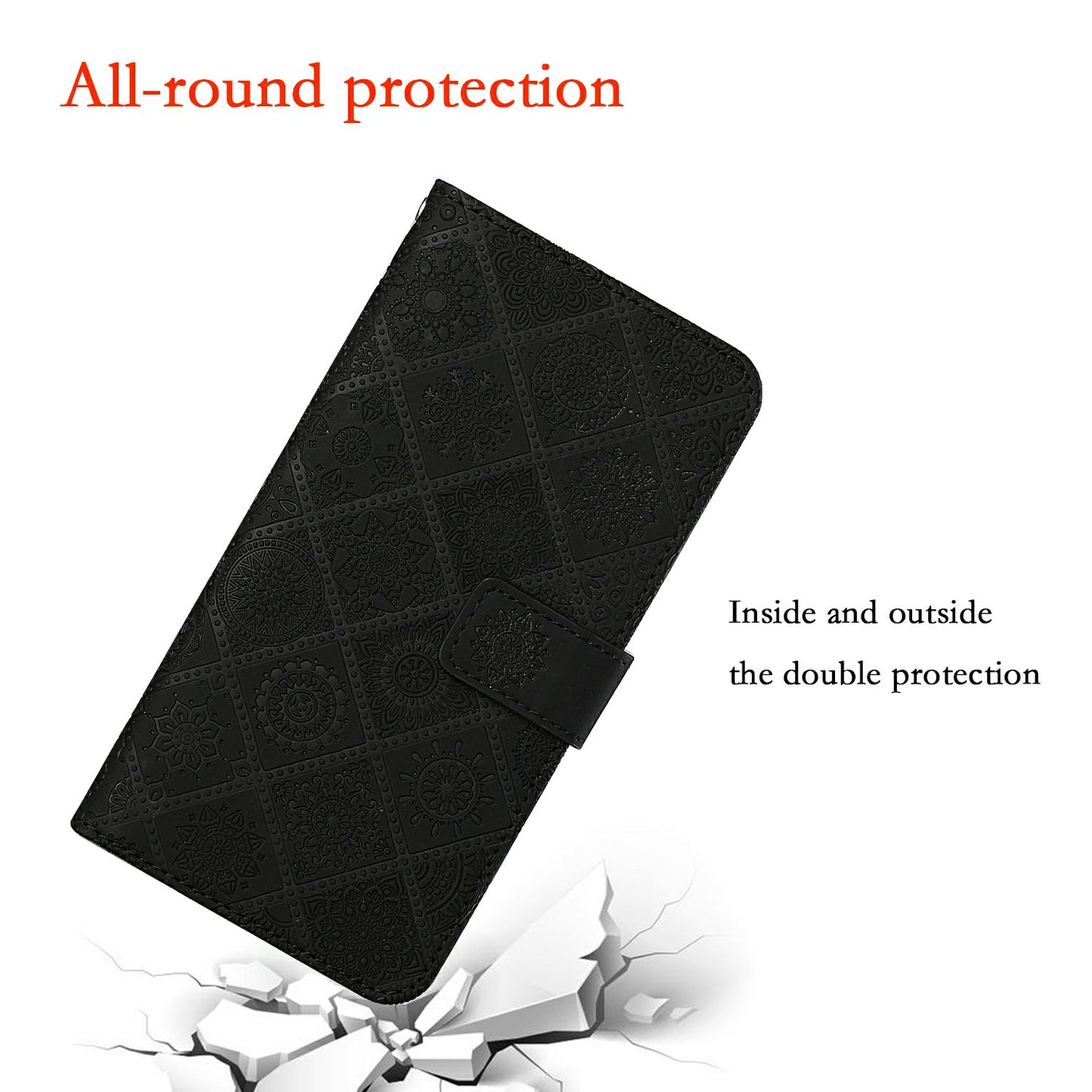 For Samsung Galaxy A06 Leather Case Ethnic Style Phone Wallet Cover with Strap - Black