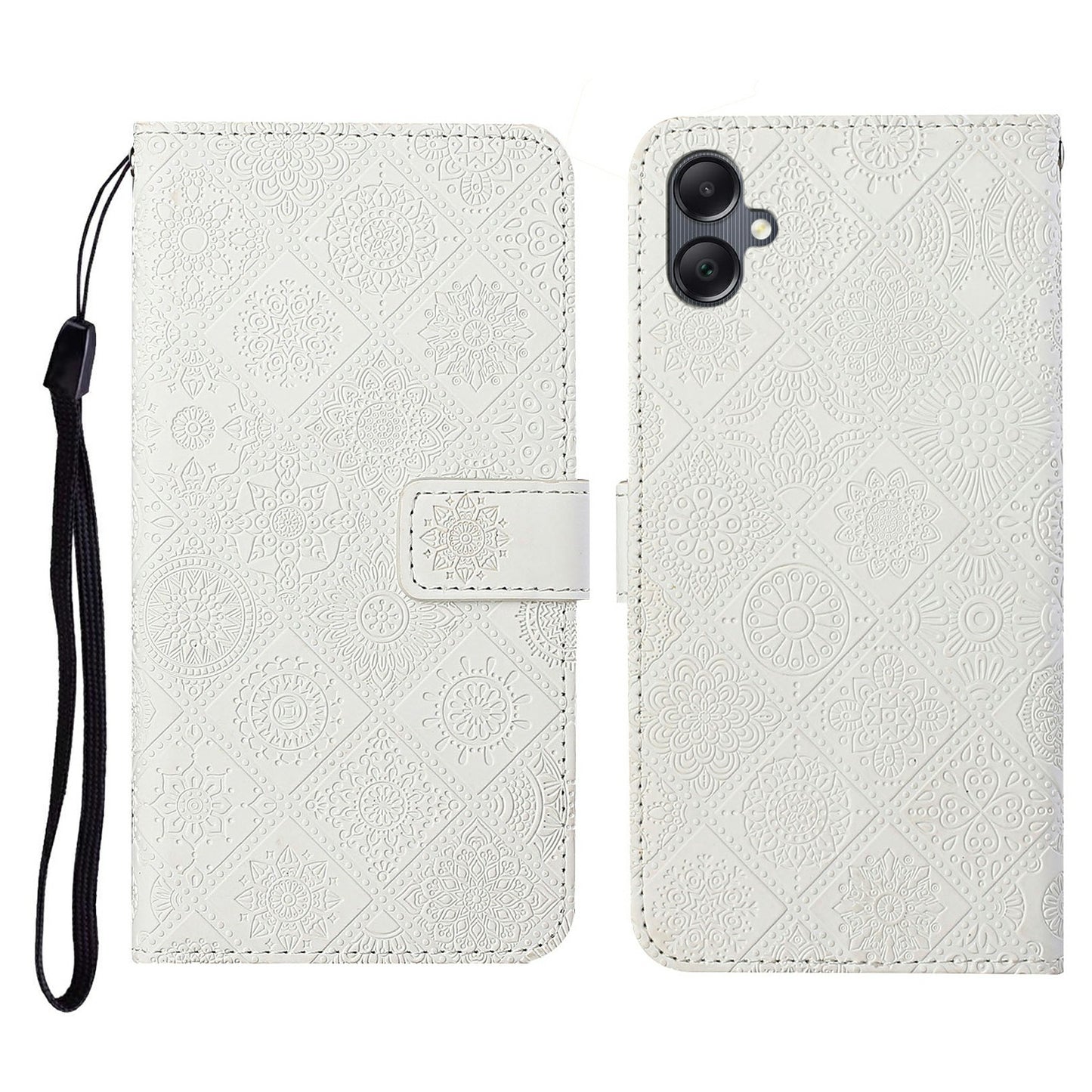 For Samsung Galaxy A06 Leather Case Ethnic Style Phone Wallet Cover with Strap - White