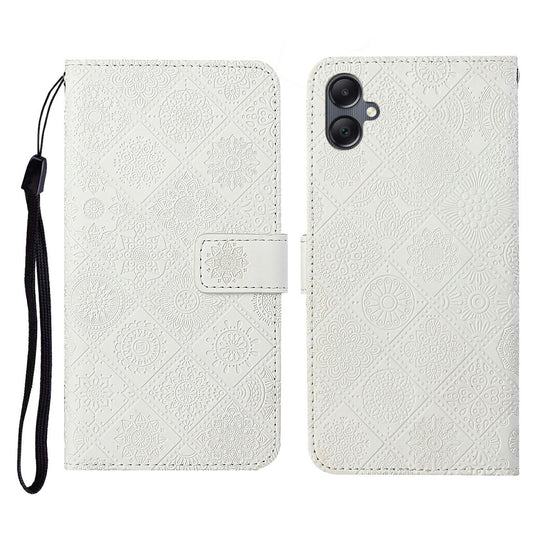 For Samsung Galaxy A06 Leather Case Ethnic Style Phone Wallet Cover with Strap - White
