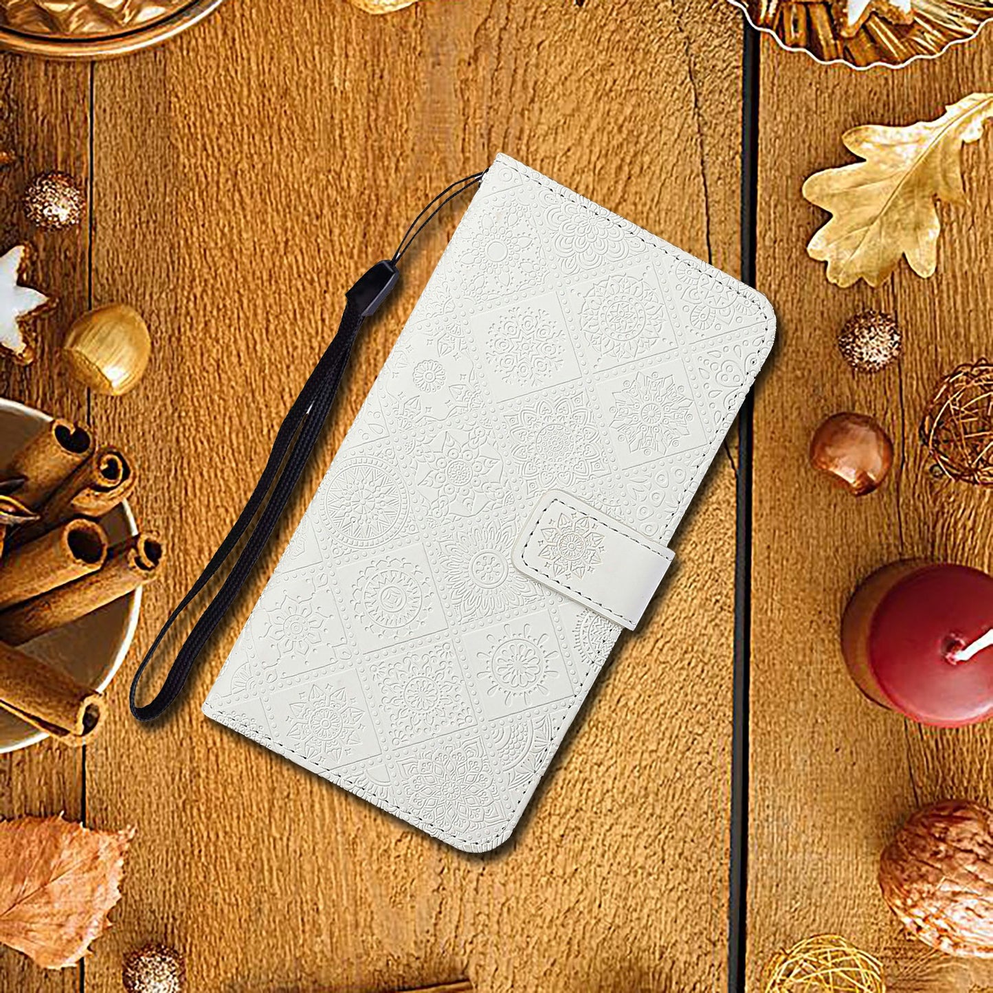 For Samsung Galaxy A06 Leather Case Ethnic Style Phone Wallet Cover with Strap - White