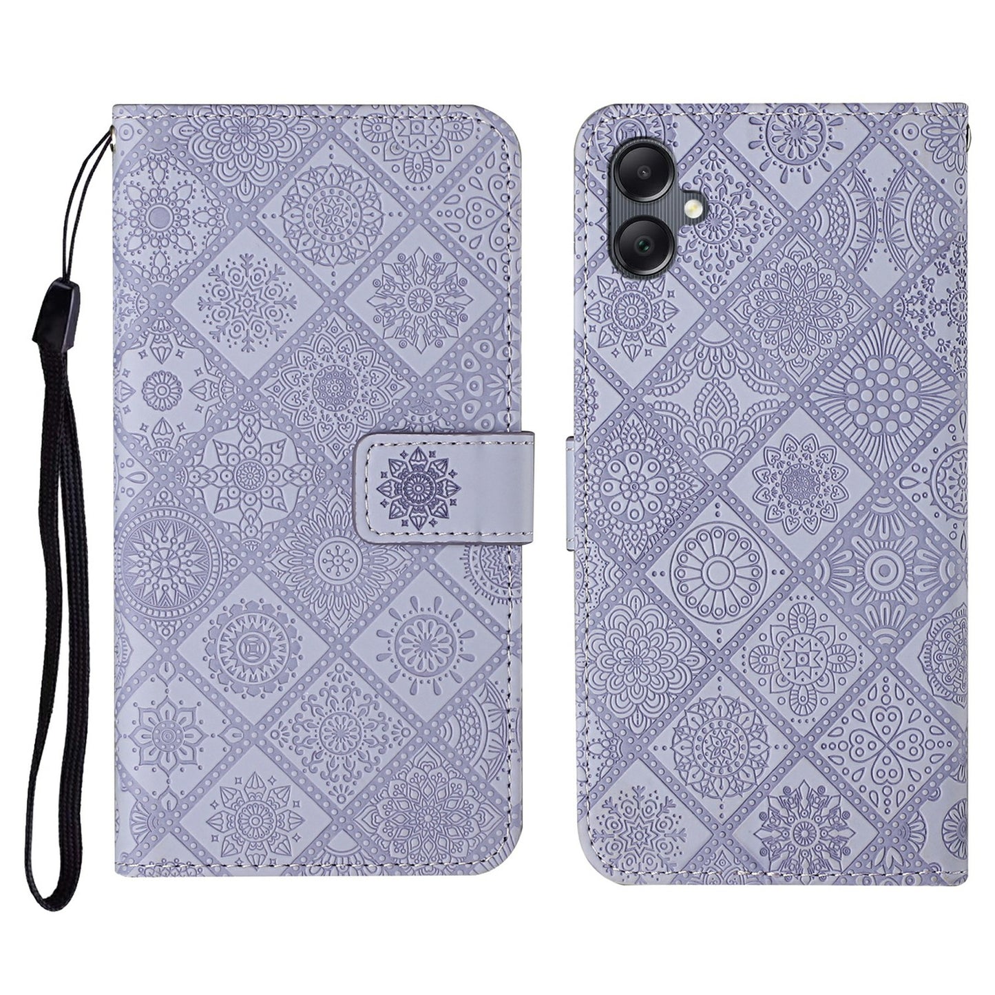 For Samsung Galaxy A06 Leather Case Ethnic Style Phone Wallet Cover with Strap - Purple