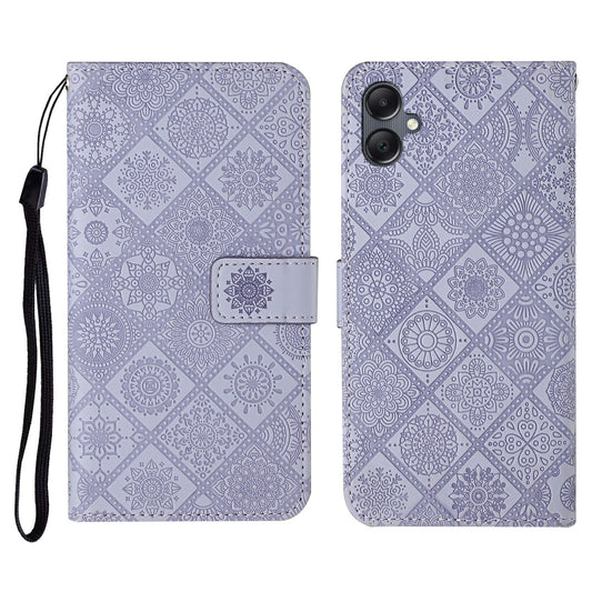For Samsung Galaxy A06 Leather Case Ethnic Style Phone Wallet Cover with Strap - Purple