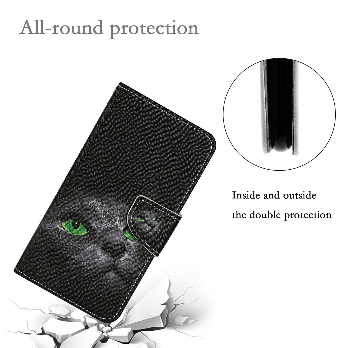 For Samsung Galaxy A06 Case Pattern Printing Protective Leather Folio Phone Cover - Black Cat