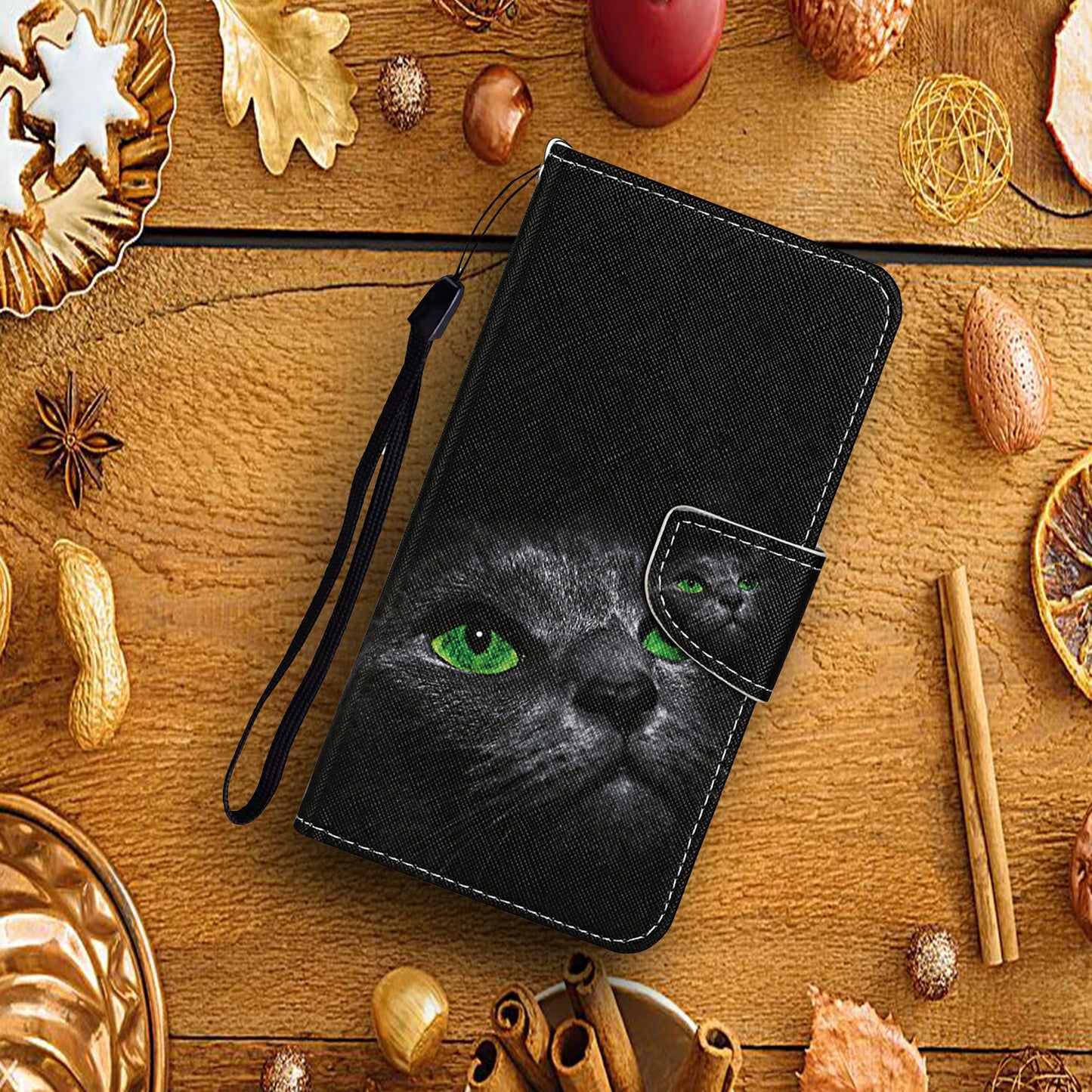 For Samsung Galaxy A06 Case Pattern Printing Protective Leather Folio Phone Cover - Black Cat