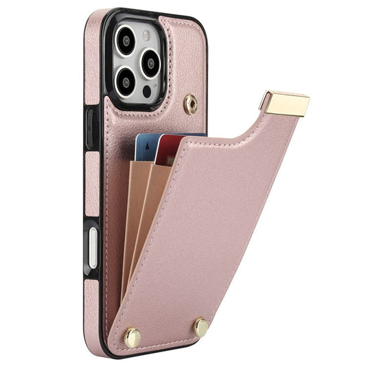 For iPhone 16 Pro Case TPU+PU Leather Hardware Decor Phone Cover with Card Holder - Rose Gold