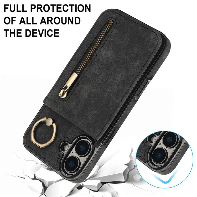 For iPhone 16 Plus Case RFID Blocking Ring Kickstand Retro Leather+TPU Anti-Fall Phone Cover - Black
