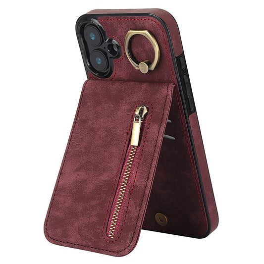 For iPhone 16 Plus Case RFID Blocking Ring Kickstand Retro Leather+TPU Anti-fall Phone Cover - Wine Red