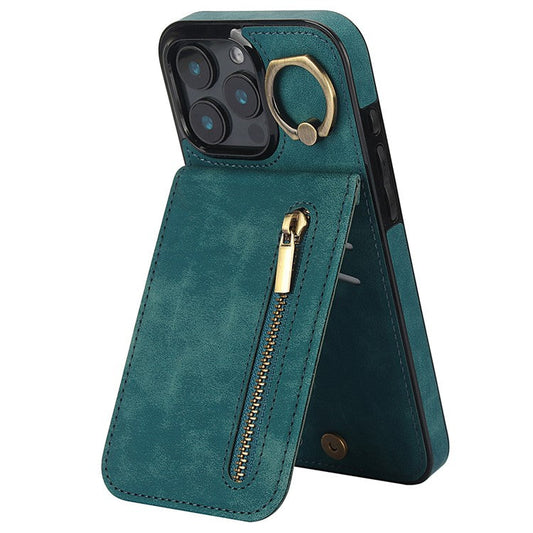 For iPhone 16 Pro Case RFID Blocking Ring Kickstand Retro Leather+TPU Anti-fall Phone Cover - Blue